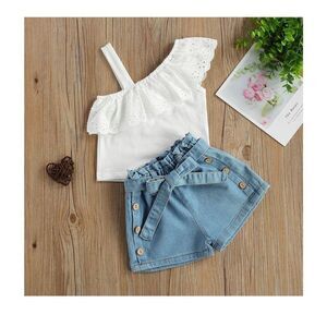 2PCS Toddler Baby Girl Denim Clothes Set One Shoulder Strap Ruffle Lace Tops But
